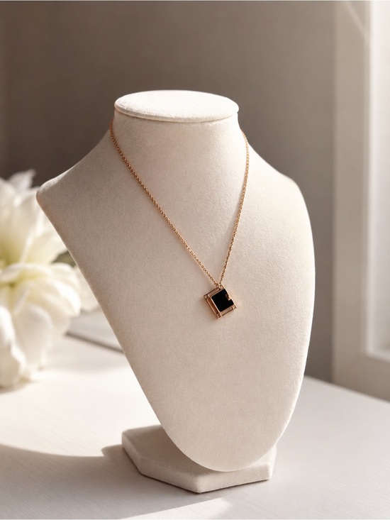 unbrand Jewelry - Rose Gold Square Pendant Necklace Minimal Black Stone Geometric Charm